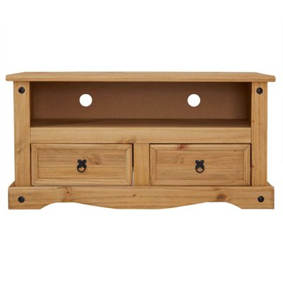 Meuble TV SALSA banc télévision de 108 cm en bois style mexicain avec 2 tiroirs et 1 niche, en pin massif finition teintée/cirée