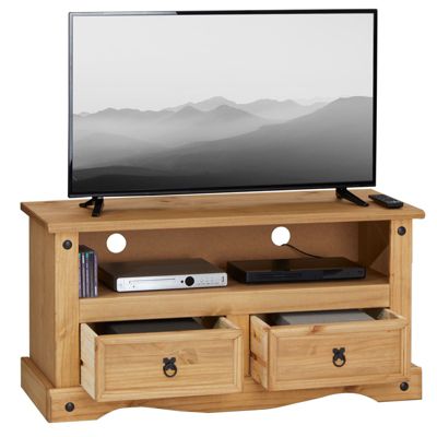 Meuble TV SALSA banc télévision de 108 cm en bois style mexicain avec 2 tiroirs et 1 niche, en pin massif finition teintée/cirée