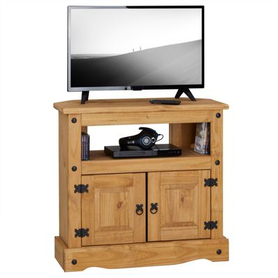 Meuble TV SALSA banc télévision de 85 cm en bois style mexicain avec 2 portes et 1 niche, en pin massif finition teintée/cirée