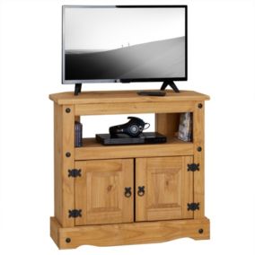 Meuble TV SALSA banc télévision de 85 cm en bois style mexicain avec 2 portes et 1 niche, en pin massif finition teintée/cirée