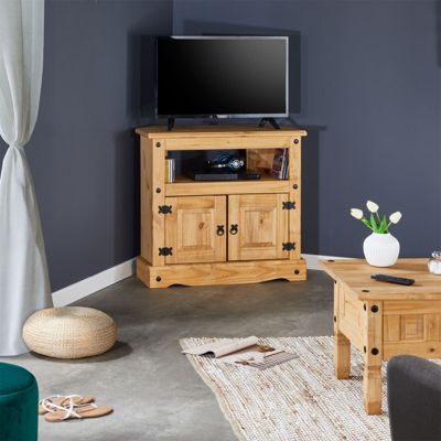 Meuble TV SALSA banc télévision de 85 cm en bois style mexicain avec 2 portes et 1 niche, en pin massif finition teintée/cirée