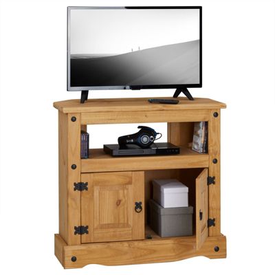 Meuble TV SALSA banc télévision de 85 cm en bois style mexicain avec 2 portes et 1 niche, en pin massif finition teintée/cirée