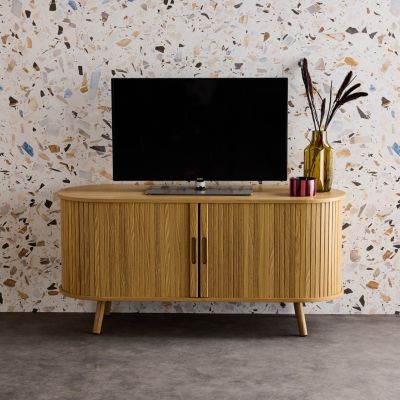 Meuble TV scandinave 2 portes coulissantes. 4 compartiments. décor bois rainuré naturel. L120 x 40 x 57 cm