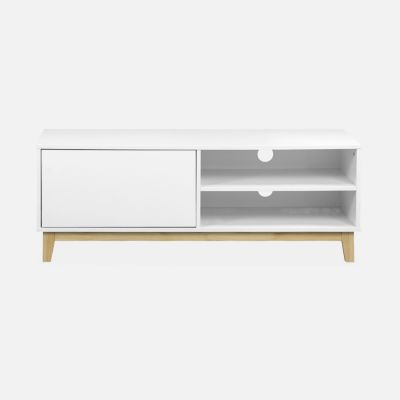 Meuble TV scandinave blanc - Floki - 1 tiroir. pieds en bois de sapin. 120x40x45cm