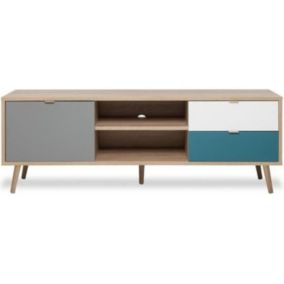 Meuble TV scandinave - chêne, gris, blanc, bleu pétrole - 1 Porte - 150 x 40 x Hauteur 51 cm