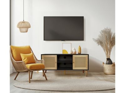 Meuble TV scandinave en cannage "Iguane"  120 x 30 x 56.5 cm  Noir