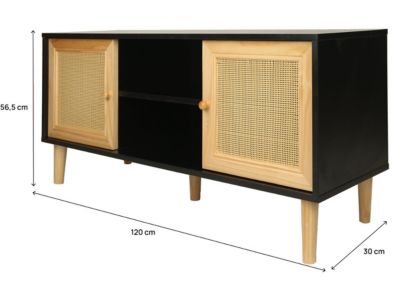 Meuble TV scandinave en cannage "Iguane"  120 x 30 x 56.5 cm  Noir