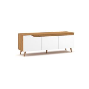 Meuble TV scandinave TUEW 140cm, 3 portes, coloris chêne et blanc mat.