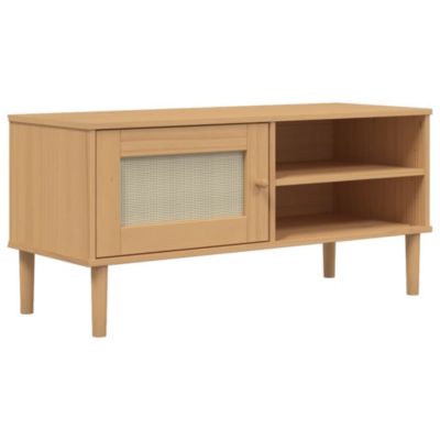 Meuble TV SENJA aspect rotin marron 106x40x49cm bois massif pin - Prolenta Premium