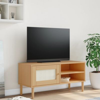 Meuble TV SENJA aspect rotin marron 106x40x49cm bois massif pin - Prolenta Premium