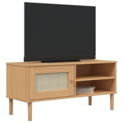 Meuble TV SENJA aspect rotin marron 106x40x49cm bois massif pin - Prolenta Premium