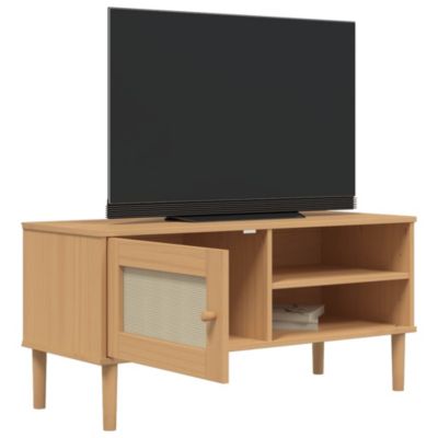 Meuble TV SENJA aspect rotin marron 106x40x49cm bois massif pin - Prolenta Premium