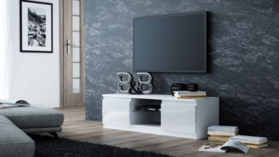 Meuble TV style moderne - 140x40x36cm - 2 niches + 2 portes - Rangement matériel télé/audio - Blanc brillant-TIVOLI