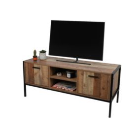 Meuble TV style rustique coloris chêne foncé avec 2 portes et 2 niches - dimensions 124x40xH49cm