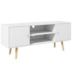 Meuble TV style scandinave 2 portes 2 niches passe-fils piètement bois pin panneaux blanc