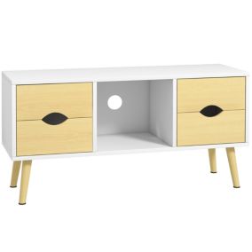 Meuble TV style scandinave 4 tiroirs coulissants niche passe-fils piètement bois pin blanc aspect bois clair