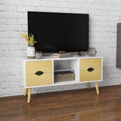 Meuble TV style scandinave 4 tiroirs coulissants niche passe-fils piètement bois pin blanc aspect bois clair