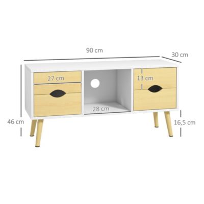 Meuble TV style scandinave 4 tiroirs coulissants niche passe-fils piètement bois pin blanc aspect bois clair