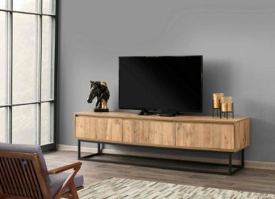 Meuble TV Suhail, Buffet de salon, Armoire basse pour TV, Base murale de rangement, 180x40h50 cm, Chêne et Noir