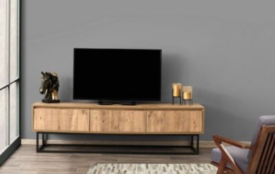 Meuble TV Suhail, Buffet de salon, Armoire basse pour TV, Base murale de rangement, 180x40h50 cm, Chêne et Noir
