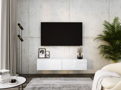Meuble TV Suspendu, 140 X 34 X 32 Cm, Blanc / Blanc Brillant