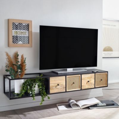 Meuble TV Suspendu 150x25x35 cm Bois Massif Lowboard Panneau Télévision FineBuy