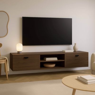 Meuble TV suspendu 160 cm industriel bois foncé  Oviala