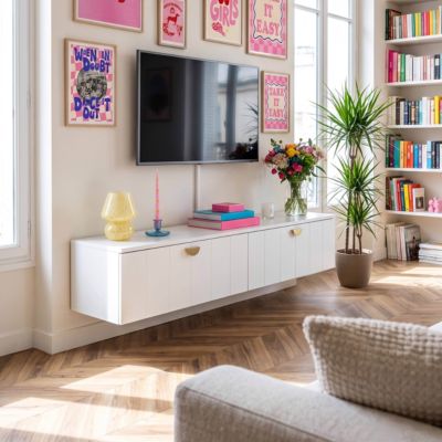 Meuble TV suspendu 160 cm moderne blanc  Oviala