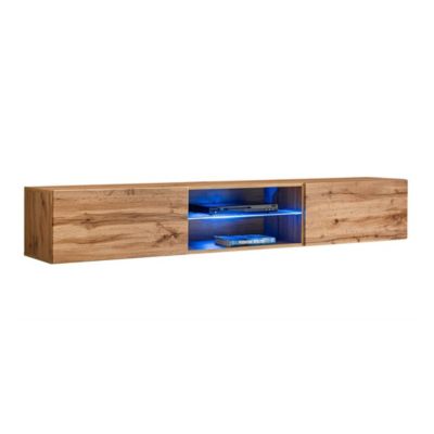 Meuble TV suspendu 180cm avec 2 portes et niches éclairées. Meuble coloris chene Wotan. Collection SWITCH.