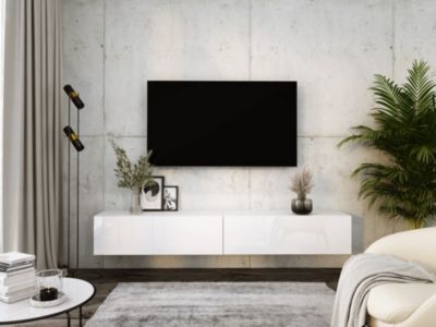 Meuble TV Suspendu, (2 X 100) X 34 X 32 Cm, Blanc Mat / Blanc Brillant