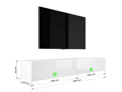 Meuble TV Suspendu, (2 X 100) X 34 X 32 Cm, Blanc Mat / Blanc Brillant