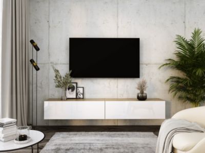 Meuble TV Suspendu, (2 X 100) X 34 X 32 Cm, Chêne Wotan / Blanc Brillant