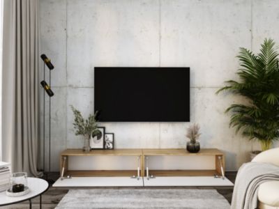 Meuble TV Suspendu, (2 X 100) X 34 X 32 Cm, Chêne Wotan / Blanc Brillant