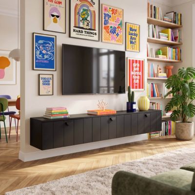 Meuble TV suspendu 200 cm moderne noir  Oviala