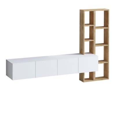 Meuble TV suspendu 4 portes blanc et étagère chêne L182 cm - PANA
