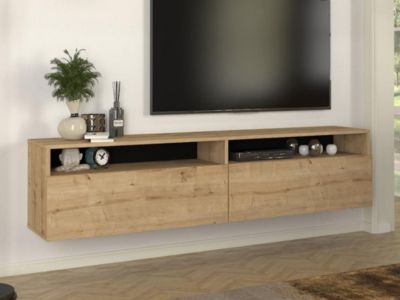 Meuble TV suspendu avec 2 portes et 2 niches - Naturel - KIRIYA