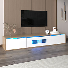 Meuble tv noir et bois, meuble tv 180 cm avec éclairage led, 1 tiroir, 3 portes, 2 compartiments ouverts en verre Meuble tv noir et bois, meuble tv 180 cm avec éclairage led, 1 tiroir, 3 portes, 2 compartiments ouverts en verre