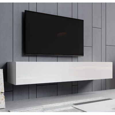 Meuble TV suspendu blanc brillant - 1 porte, 3 compart. - MDF/mélamine - L180 x P30 x H40 cm
