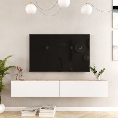 Meuble TV Murale Blanc 100cm - Bois Ingénierie - 2 Portes Battantes - Support TV Jusqu'à 60kg