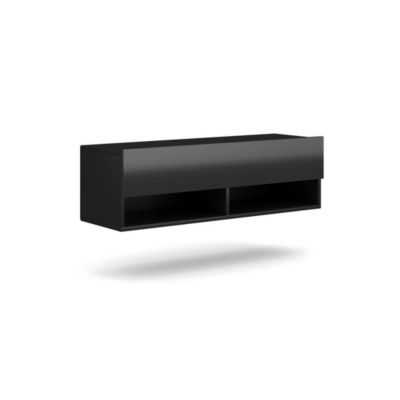 Meuble TV suspendu design CLUJ, 100 cm, 1 porte et 2 niches, coloris noir et noir brillant.