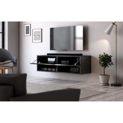 Meuble TV suspendu design CLUJ, 100 cm, 1 porte et 2 niches, coloris noir et noir brillant.