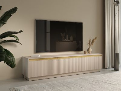 Meuble TV suspendu ou à poser avec 3 portes en MDF - Beige et doré - POSINIA