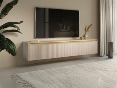 Meuble TV suspendu ou à poser avec 3 portes en MDF - Beige et doré - POSINIA