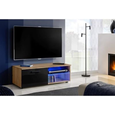 Meuble TV T32-100 Extreme Furniture - LED bleues - Noir Brillant & Bois ...