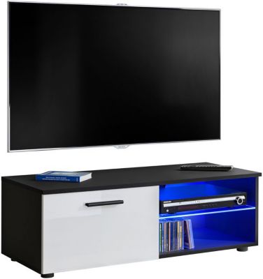Meuble TV T32-100 - LED bleues - Blanc Brillant & Noir - Façades en Brillant - L100cm x H34.5cm x P45cm