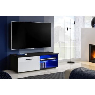 Meuble TV T32-100 - LED bleues - Blanc Brillant & Noir - Façades en Brillant - L100cm x H34.5cm x P45cm