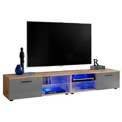 Meuble TV T32-200 Extreme Furniture - LED bleues - Gris Brillant & Bois naturel - L(2x100)cmcmxH34cmxP45cm