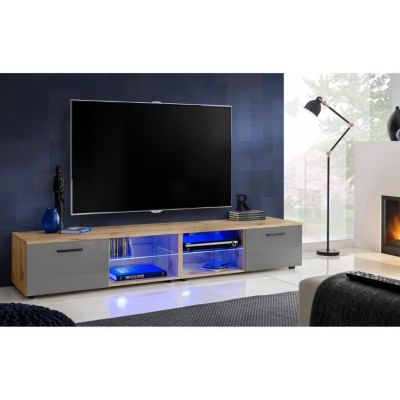 Meuble TV T32-200 Extreme Furniture - LED bleues - Gris Brillant & Bois naturel - L(2x100)cmcmxH34cmxP45cm