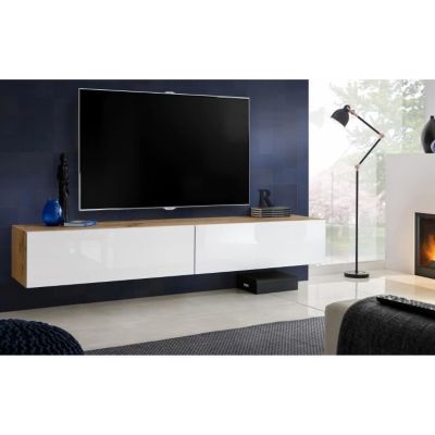 Meuble TV T34-200 Extreme Furniture - Blanc Brillant & Bois naturel - Façades en Brillant - L200cmxH30cmxP41cm