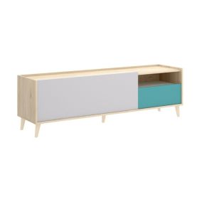 Meuble TV Tamaro, Buffet bas de salon, Buffet de salon pour télévision, 155x43h47 cm, Chêne et Blanc